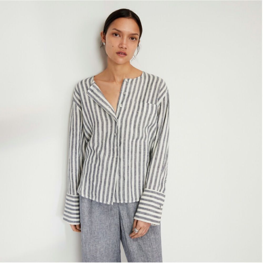 Everlane Womens 4 Linen Popover Shirt in Bone and grey stripes long sleeve top